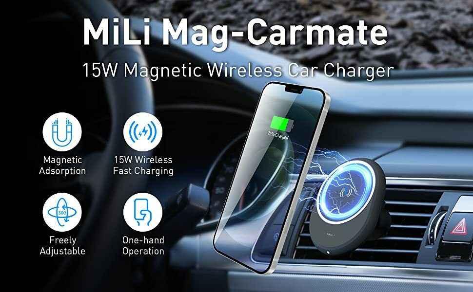 MiLi 15W Carmate Magnetic Wireless Charging Car Mount - Black