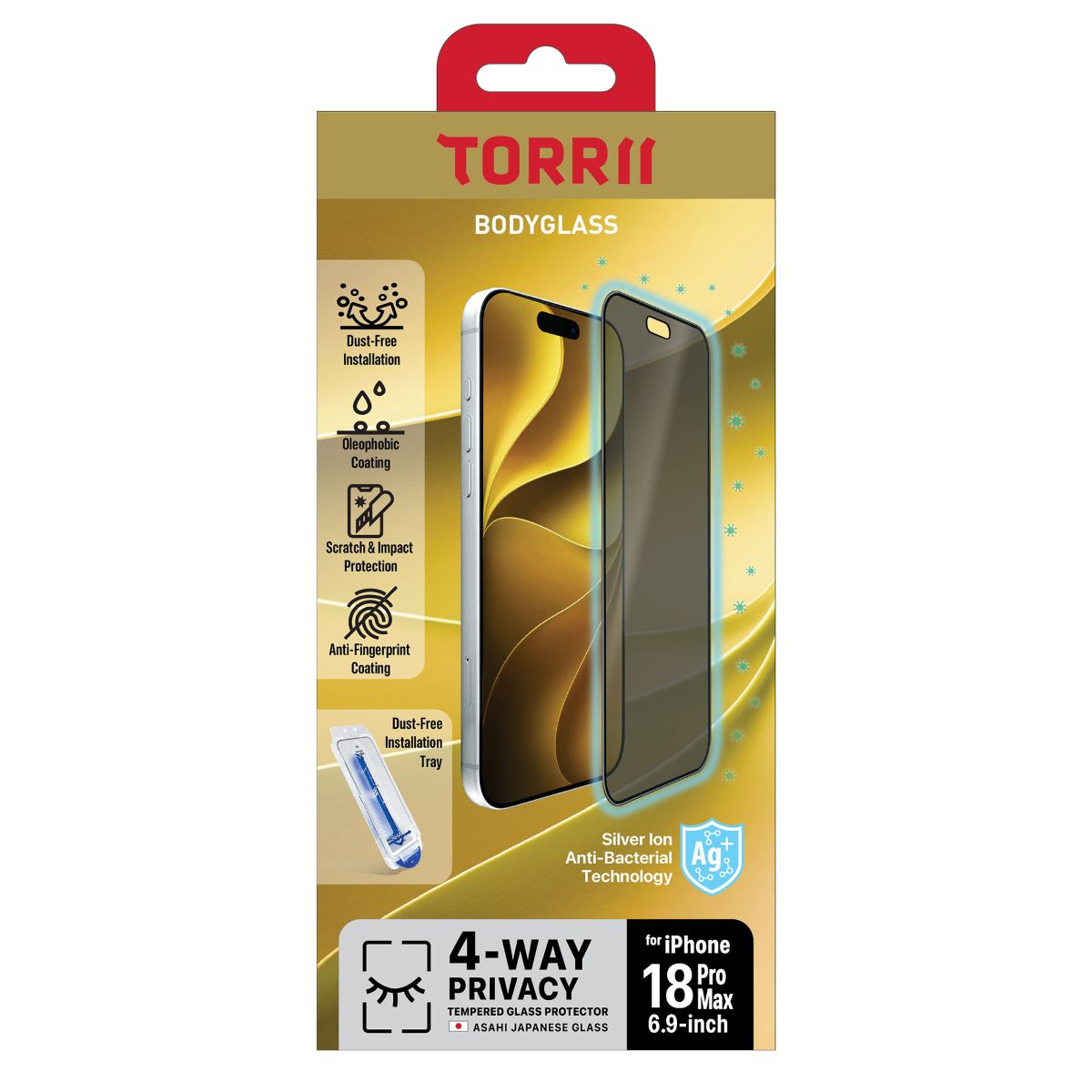 iPhone 18 Pro Max, Torrii Bodyglass Screen Protector, 4-Way Privacy