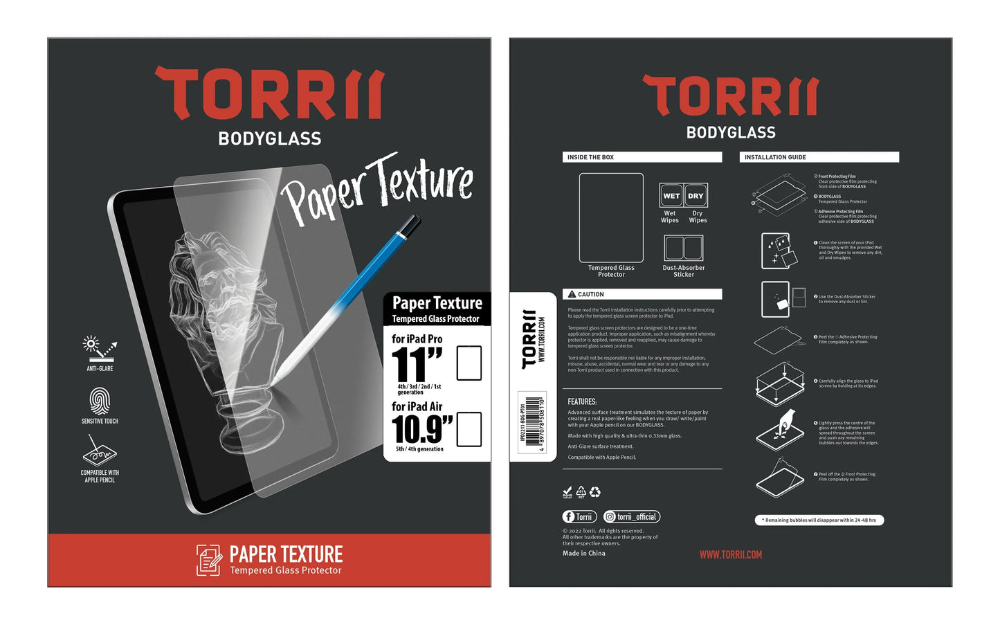 Torrii Bodyglass Paper Texture Glass Screen Protector For iPad Pro 11" & iPad Air 10.9- Clear