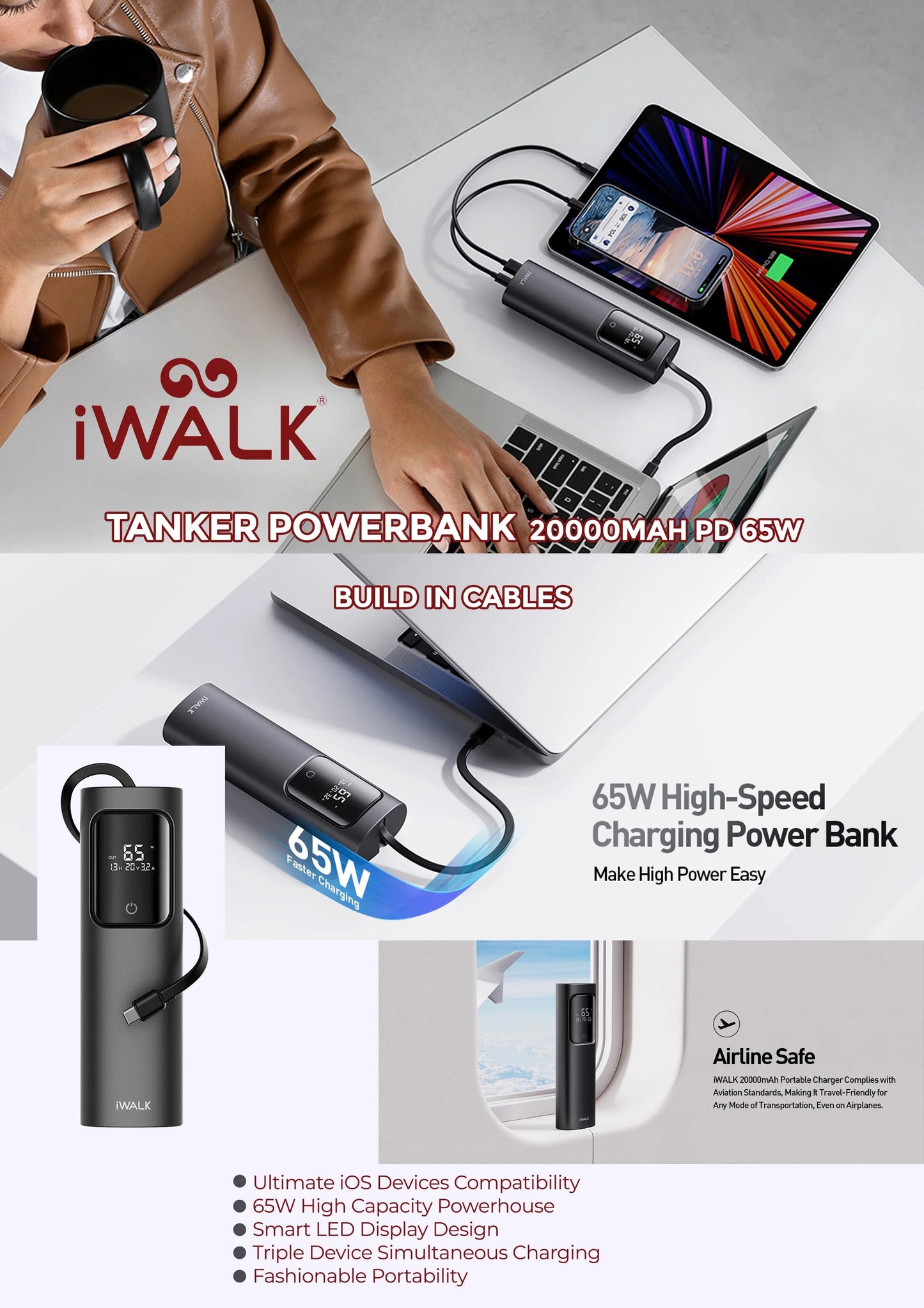 iWalk 65W 20000mAh Power Bank | LED | Cable