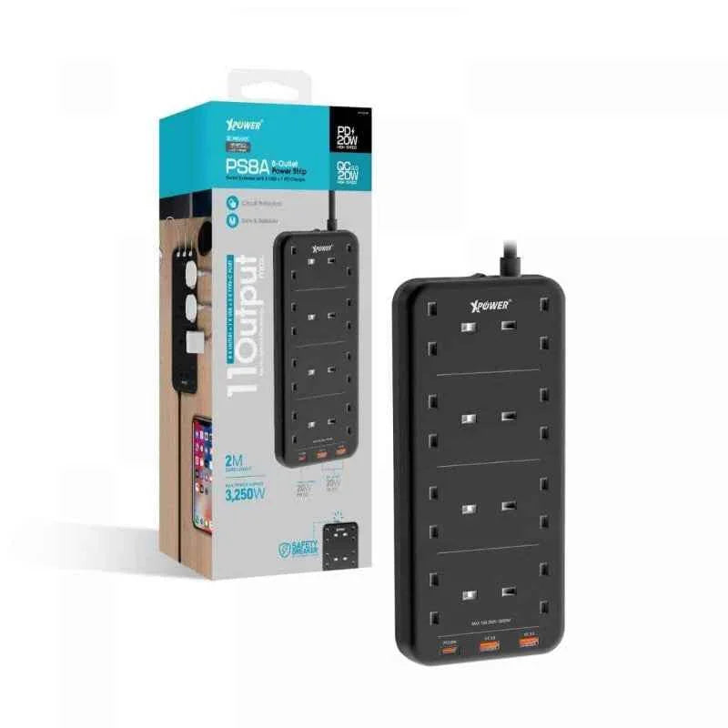 XPower 11 Output 3250W Sockets Power Strip (3m Wire) - Black