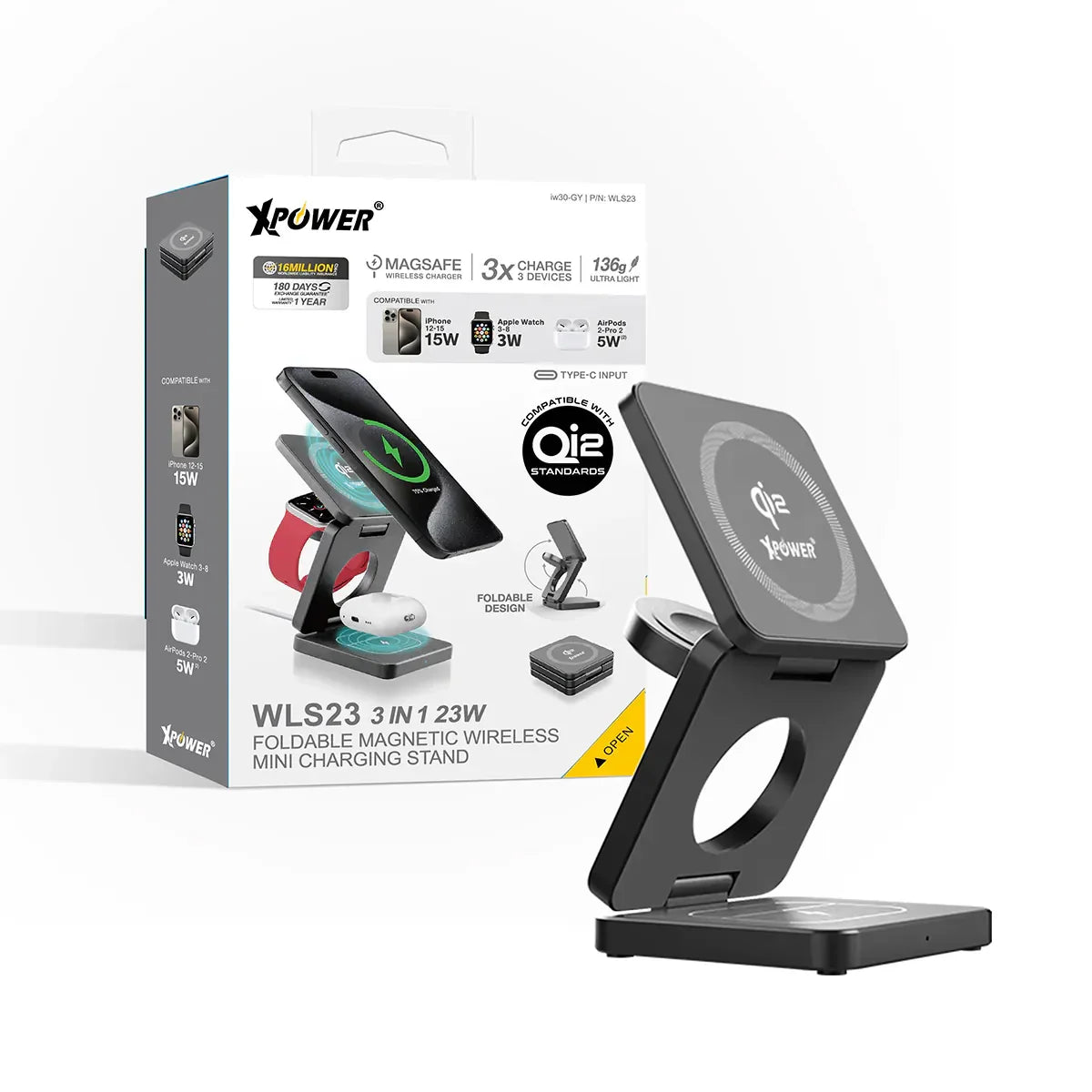 Xpower 23W 3in1 Foldable Magsafe Wireless Charging Stand - Grey