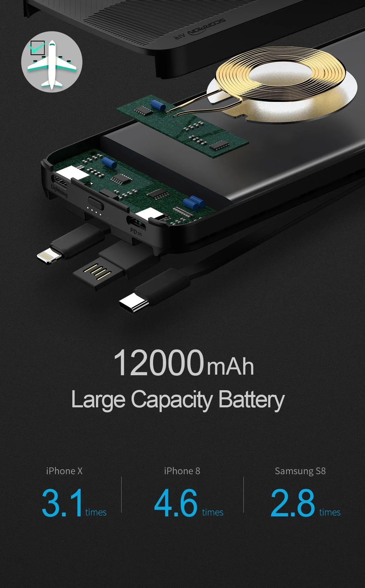 iWalk Scorpion Air 8000mAh Wireless Power Bank - Black