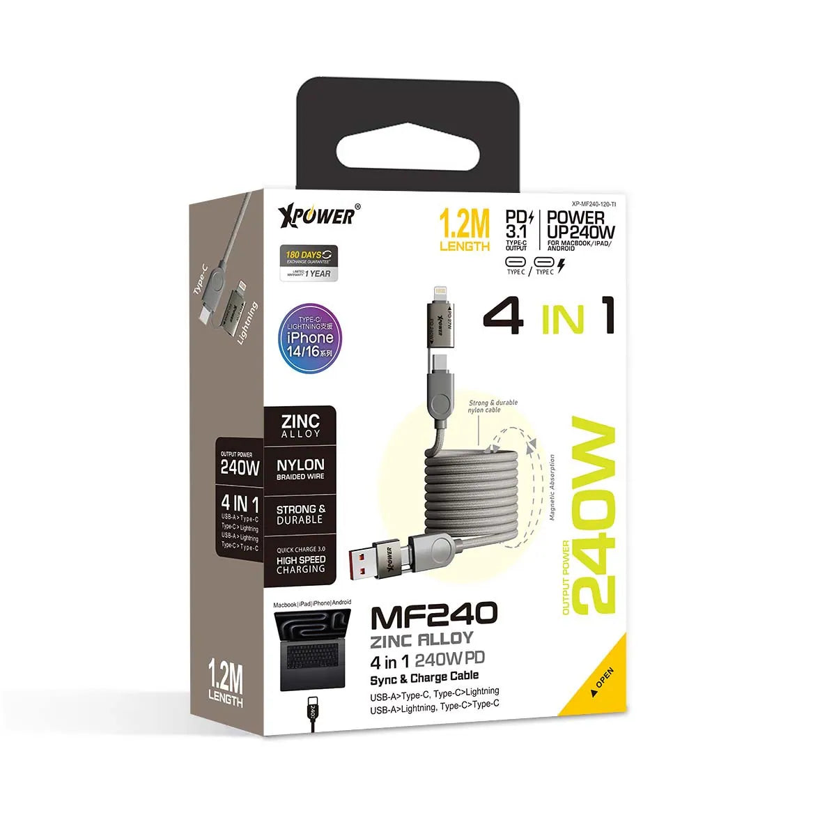 XPower 240W Magnetic 4 in 1 Zinc Alloy 1.2M Cable - Titanium
