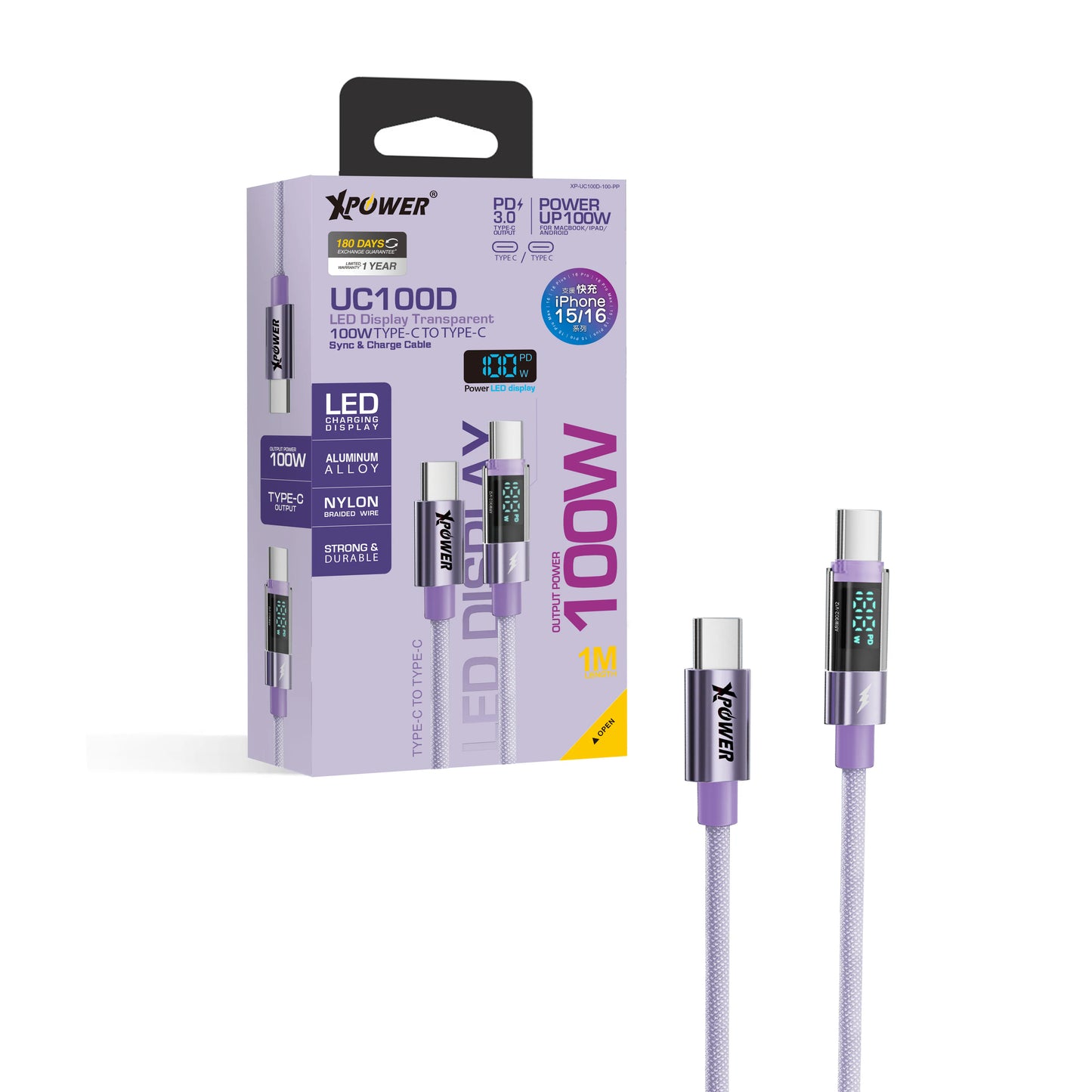 XPower 100W 1M LED Display C to C Cable - Purple