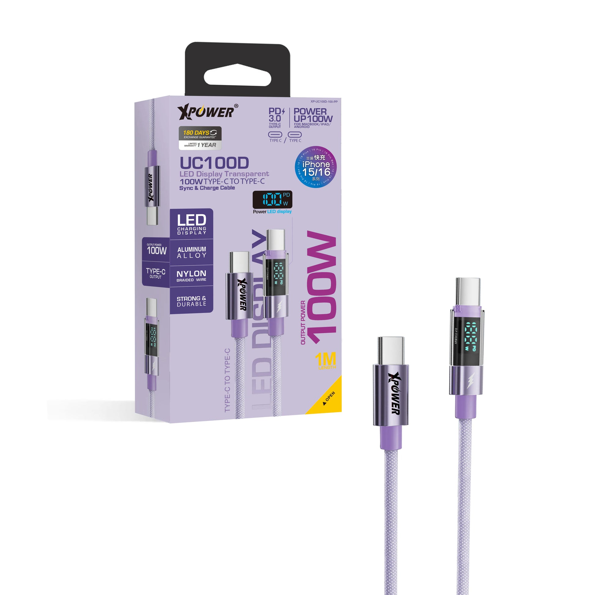 XPower 100W 1M LED Display C to C Cable - Purple