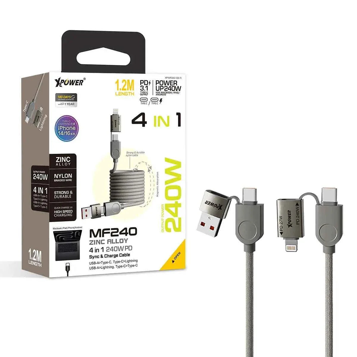 XPower 240W Magnetic 4 in 1 Zinc Alloy 1.2M Cable - Titanium