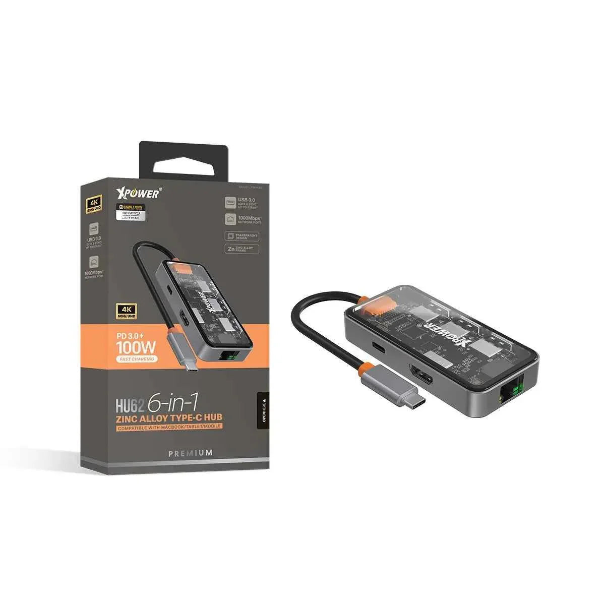 XPower HU62 6 In 1 100W PD Type-C Hub - Grey