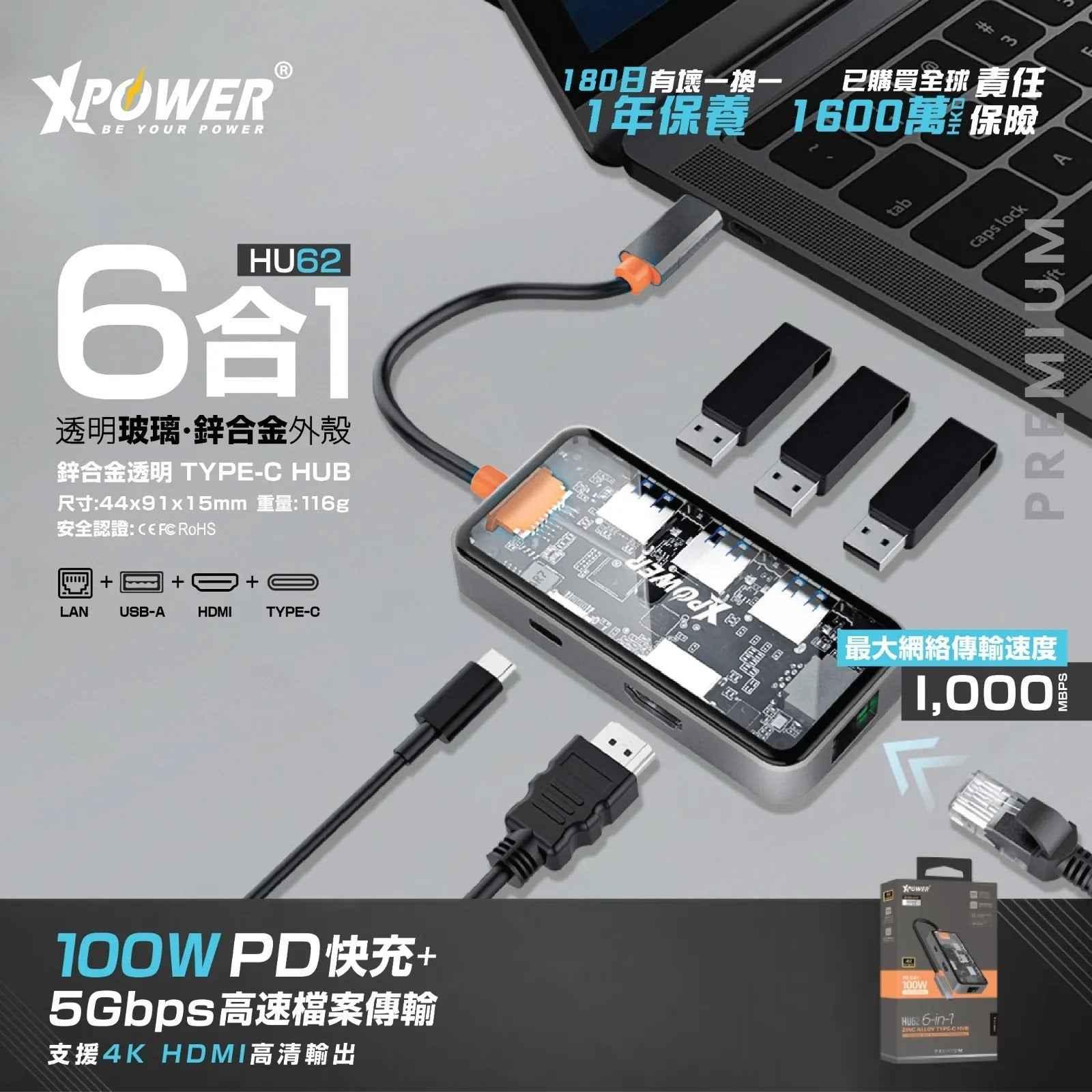 XPower HU62 6 In 1 100W PD Type-C Hub - Grey