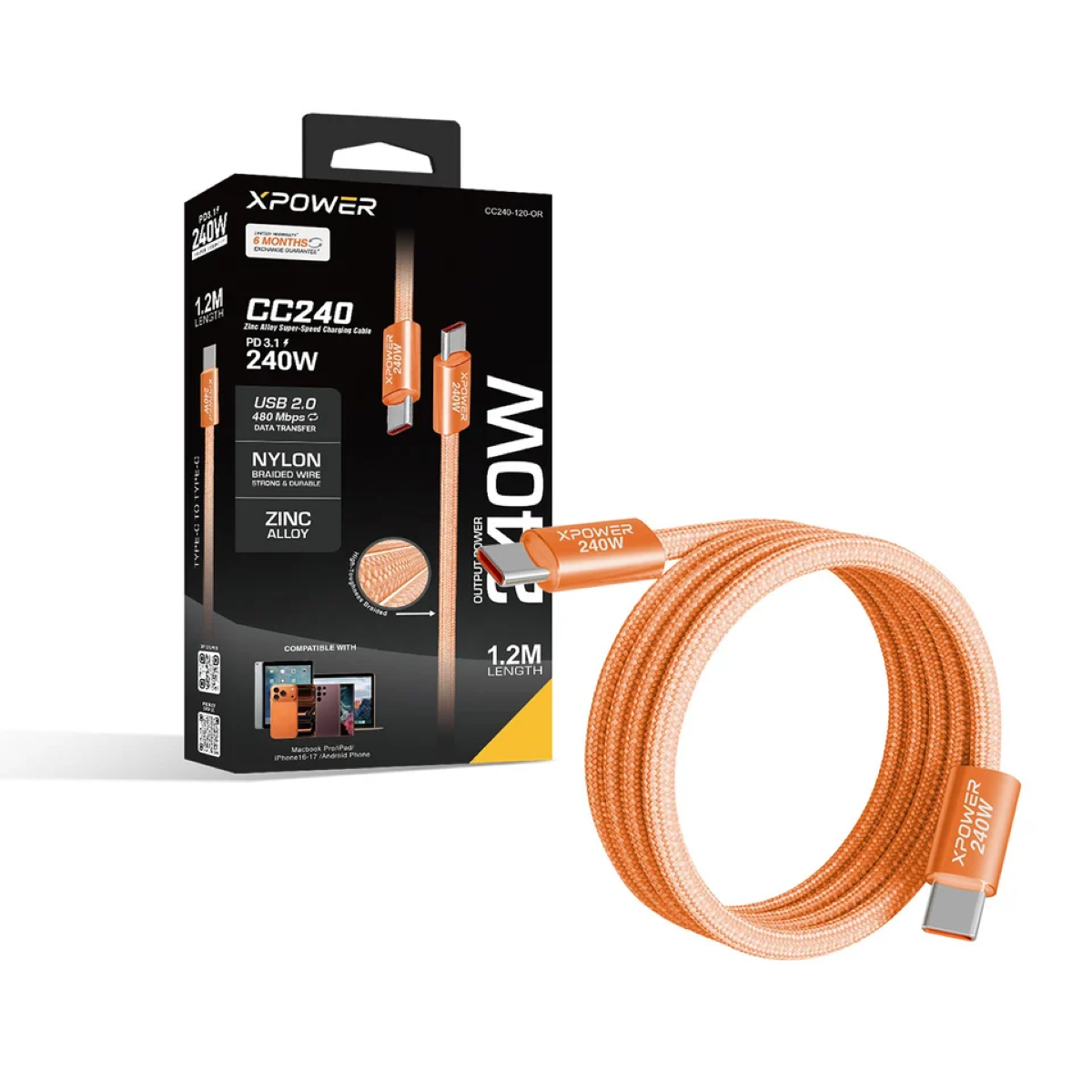 Xpower 240W Super Speed 1.2m Charging Cable CC240, Orange