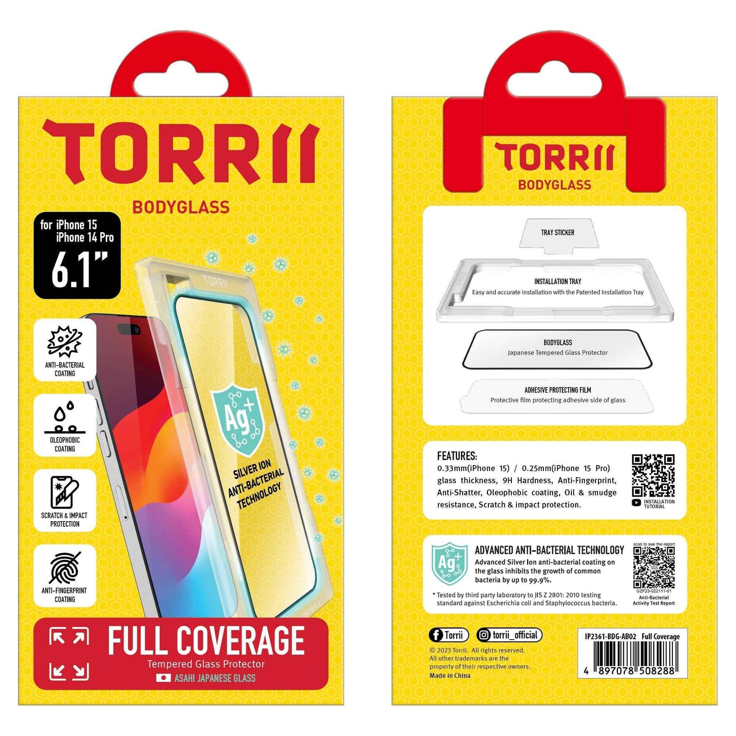iPhone 15 / 14 Pro Torrii Bodyglass Screen Protector - Full Coverage Black