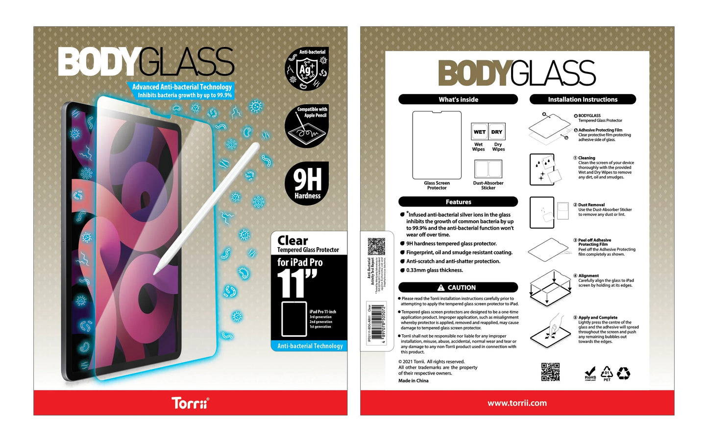 Torrii Bodyglass Anti-Bacterial Screen Protector For iPad Pro 11 (2021/2020/2018) - Clear
