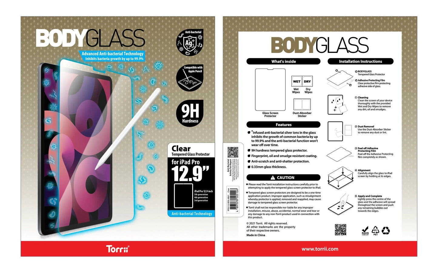 Torrii Bodyglass Anti-Bacterial Screen Protector For iPad Pro 12.9 (2021/2020/2018) - Clear