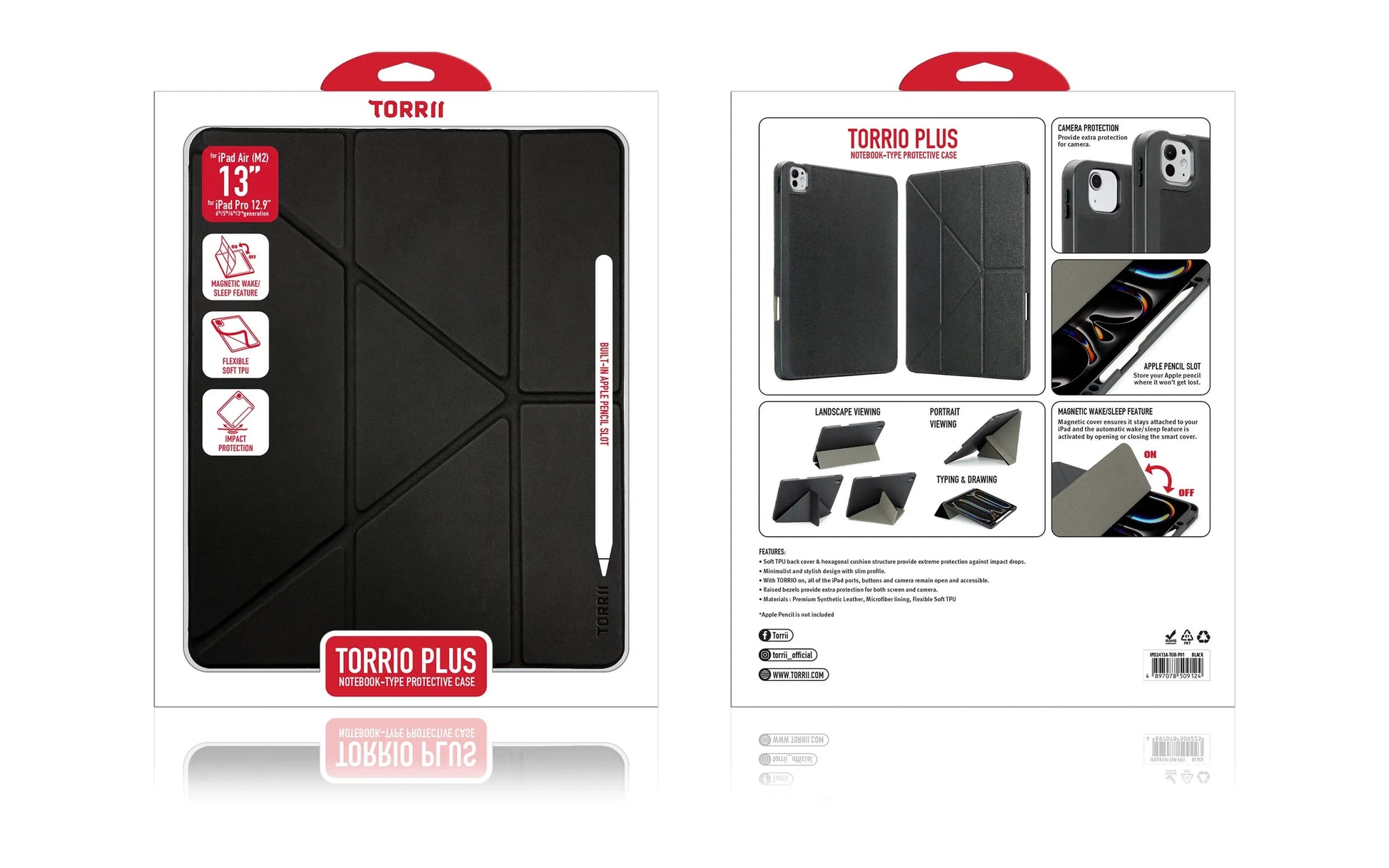 Torrii Torrio Plus for iPad Air 13 (M3 & M2) & iPad Pro 12.9 (6/5/4/3 Gen) - Black