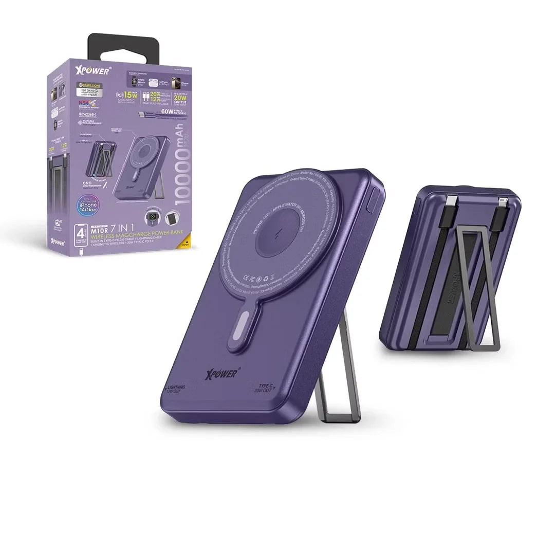 Xpower 10000mAh 7 in 1 Wireless Powerbank with Stand and Cable M10R, Purple