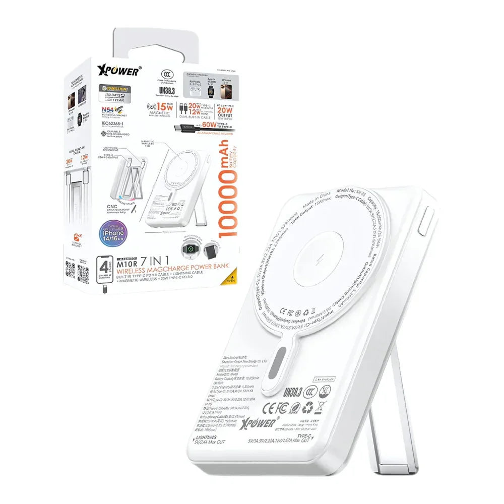 Xpower 10000mAh 7 in 1 Wireless Powerbank with Stand and Cable M10R, White