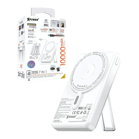 Xpower 10000mAh 7 in 1 Wireless Powerbank with Stand and Cable M10R, White