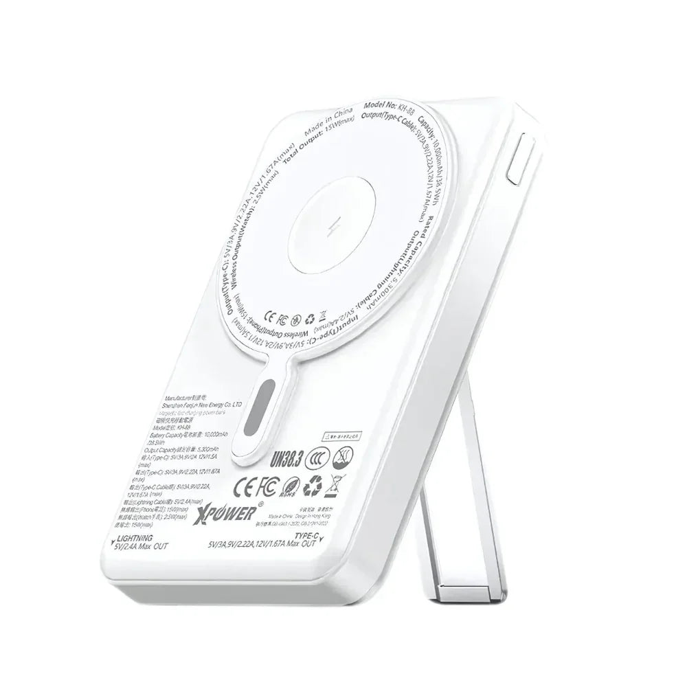Xpower 10000mAh 7 in 1 Wireless Powerbank with Stand and Cable M10R, White