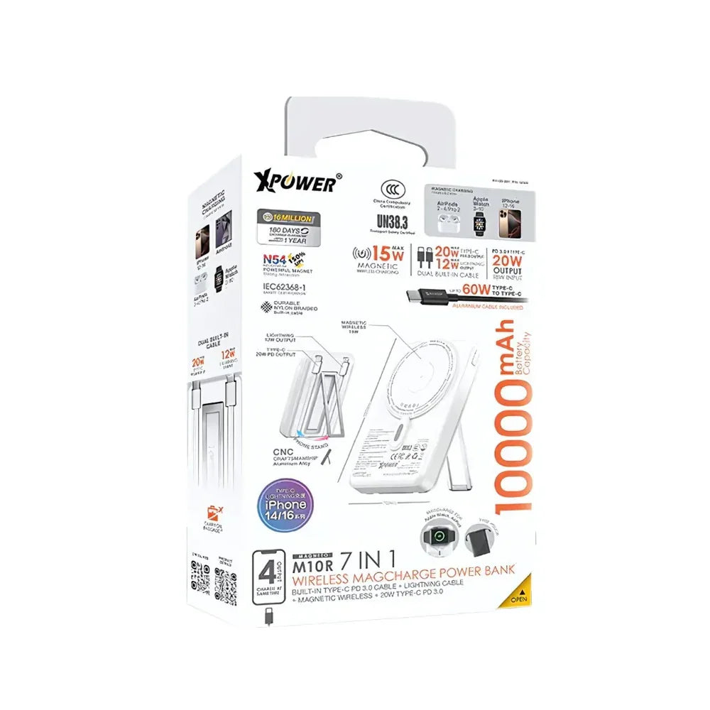 Xpower 10000mAh 7 in 1 Wireless Powerbank with Stand and Cable M10R, White