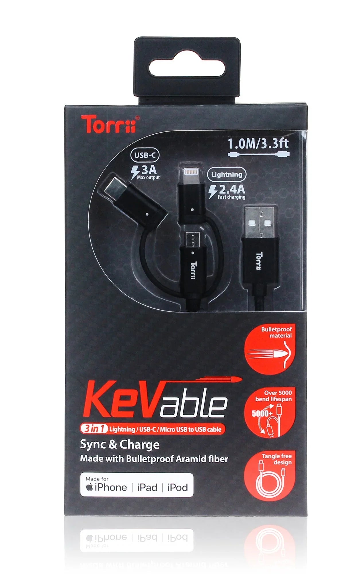 Torrii Kevable 3 In 1 Mfi Lightning/Type-C/Micro Usb - Black