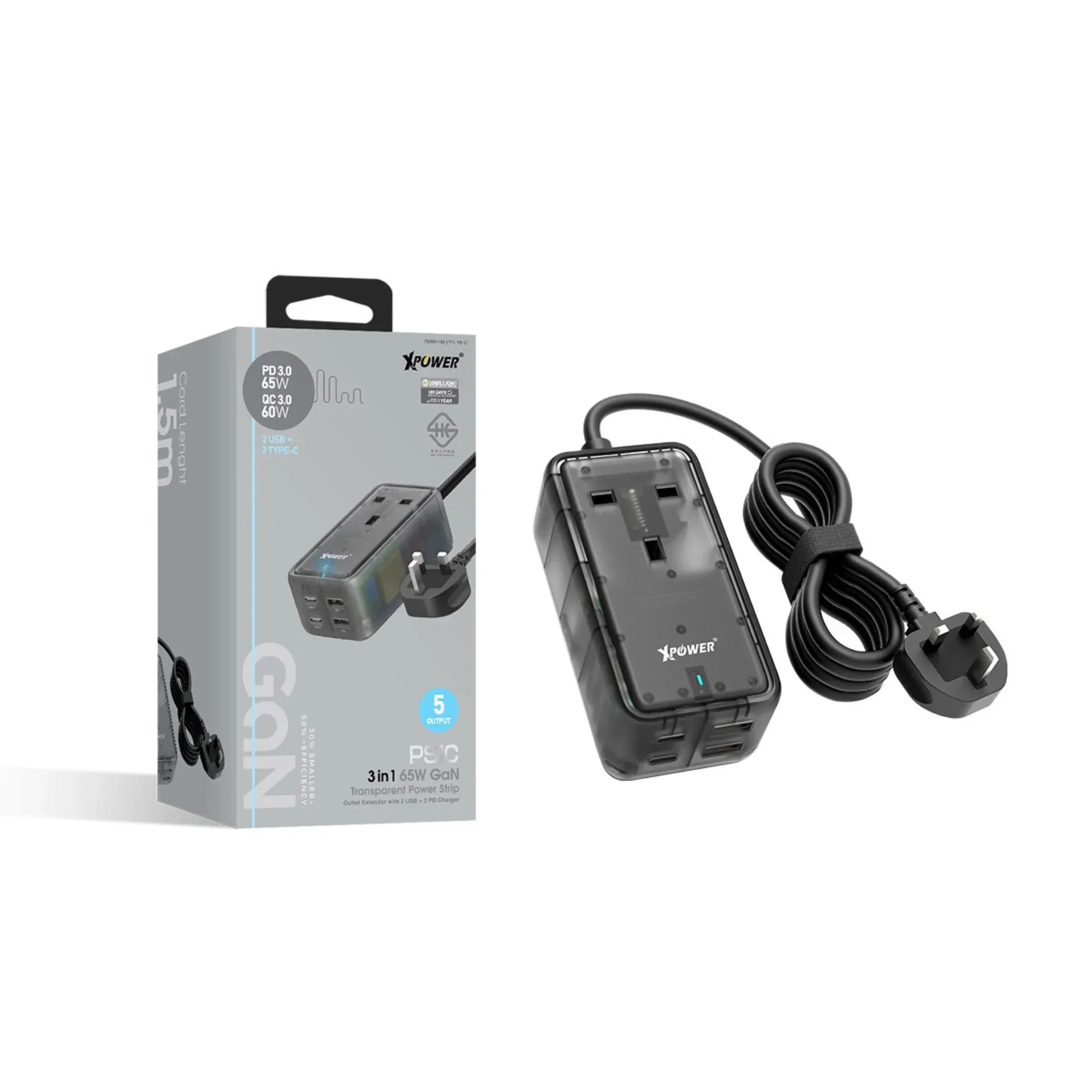 XPower PS1C 65W 5-Output Power Strip - Transparent Black