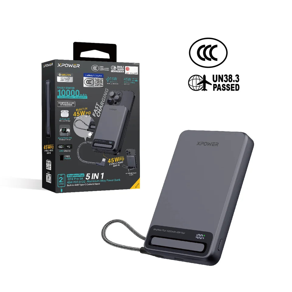 XPower MagNetoPlus Q10 Pro10000mAh 45W PD3.0 QI2 Aluminium Alloy Power Bank with 45W Type-C Cable & Stand CCC Safety - Gray