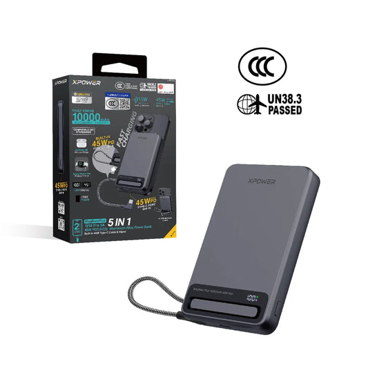 XPower MagNetoPlus Q10 Pro10000mAh 45W PD3.0 QI2 Aluminium Alloy Power Bank with 45W Type-C Cable & Stand CCC Safety - Gray