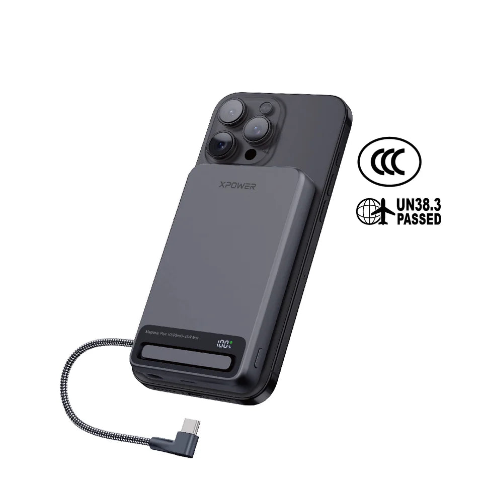 XPower MagNetoPlus Q10 Pro10000mAh 45W PD3.0 QI2 Aluminium Alloy Power Bank with 45W Type-C Cable & Stand CCC Safety - Gray