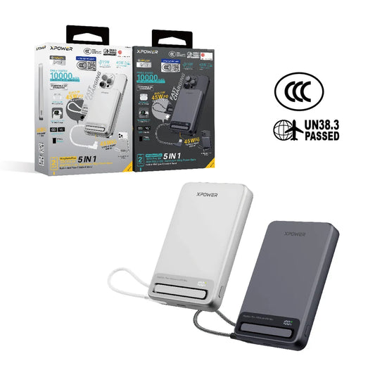XPower MagNetoPlus Q10 Pro10000mAh 45W PD3.0 QI2 Aluminium Alloy Power Bank with 45W Type-C Cable & Stand CCC Safety - Silver