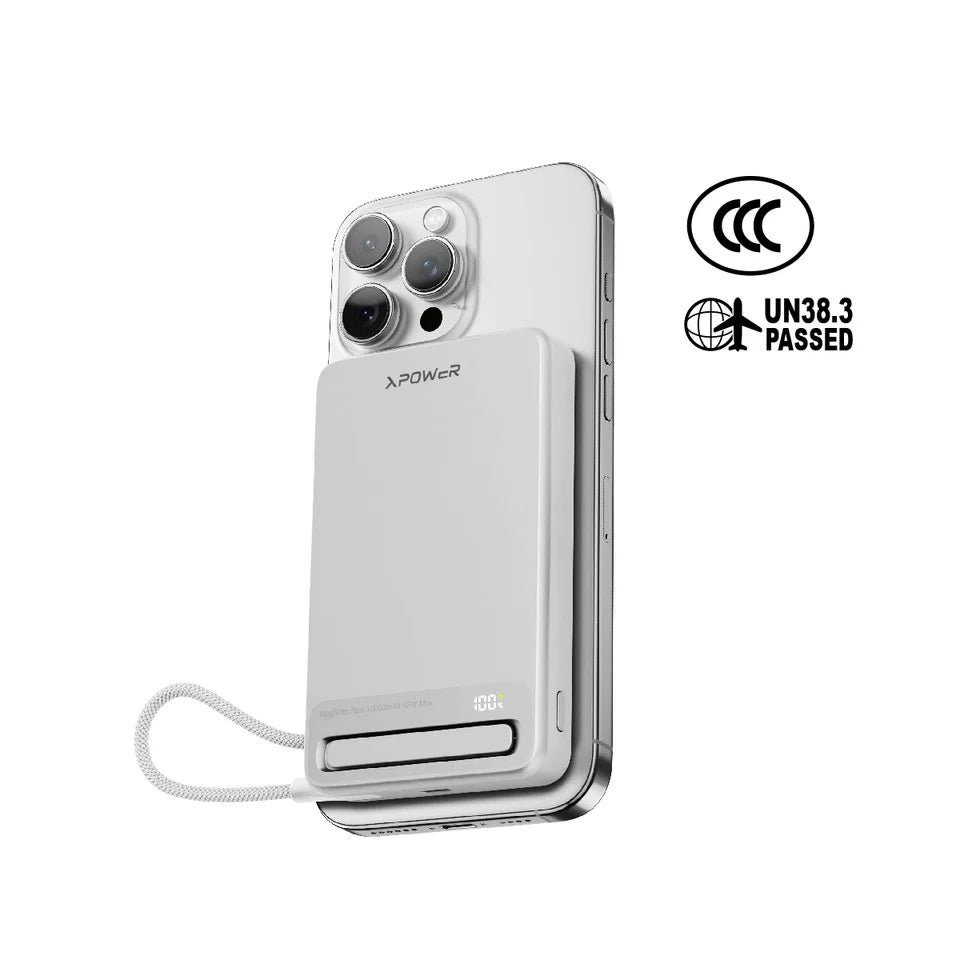 XPower MagNetoPlus Q10 Pro10000mAh 45W PD3.0 QI2 Aluminium Alloy Power Bank with 45W Type-C Cable & Stand CCC Safety - Silver
