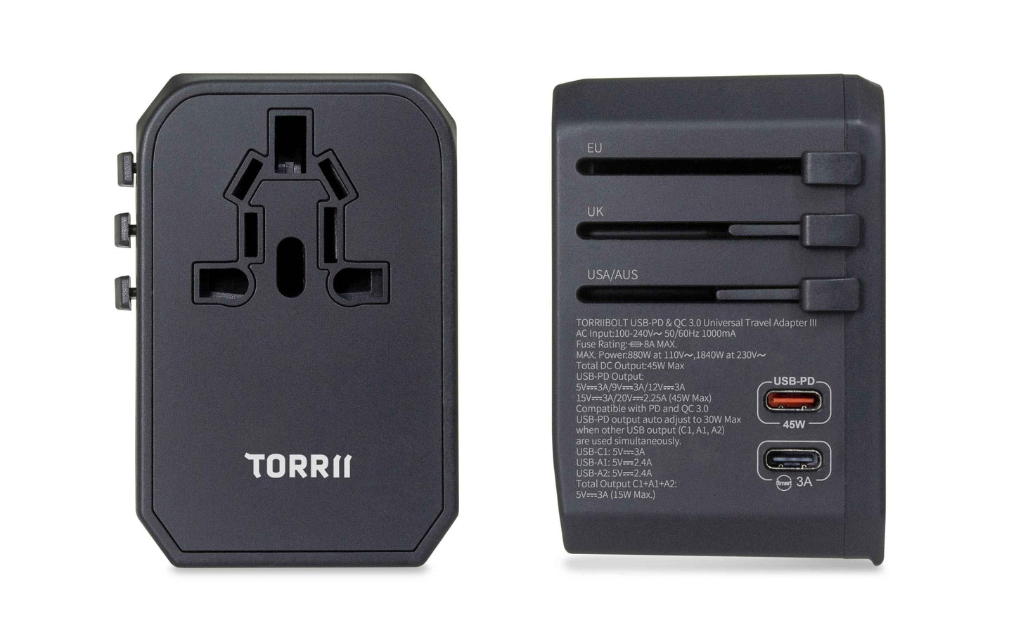 TorriiBolt 45W USB-PD & QC 3.0 Universal Travel Adapter III Black