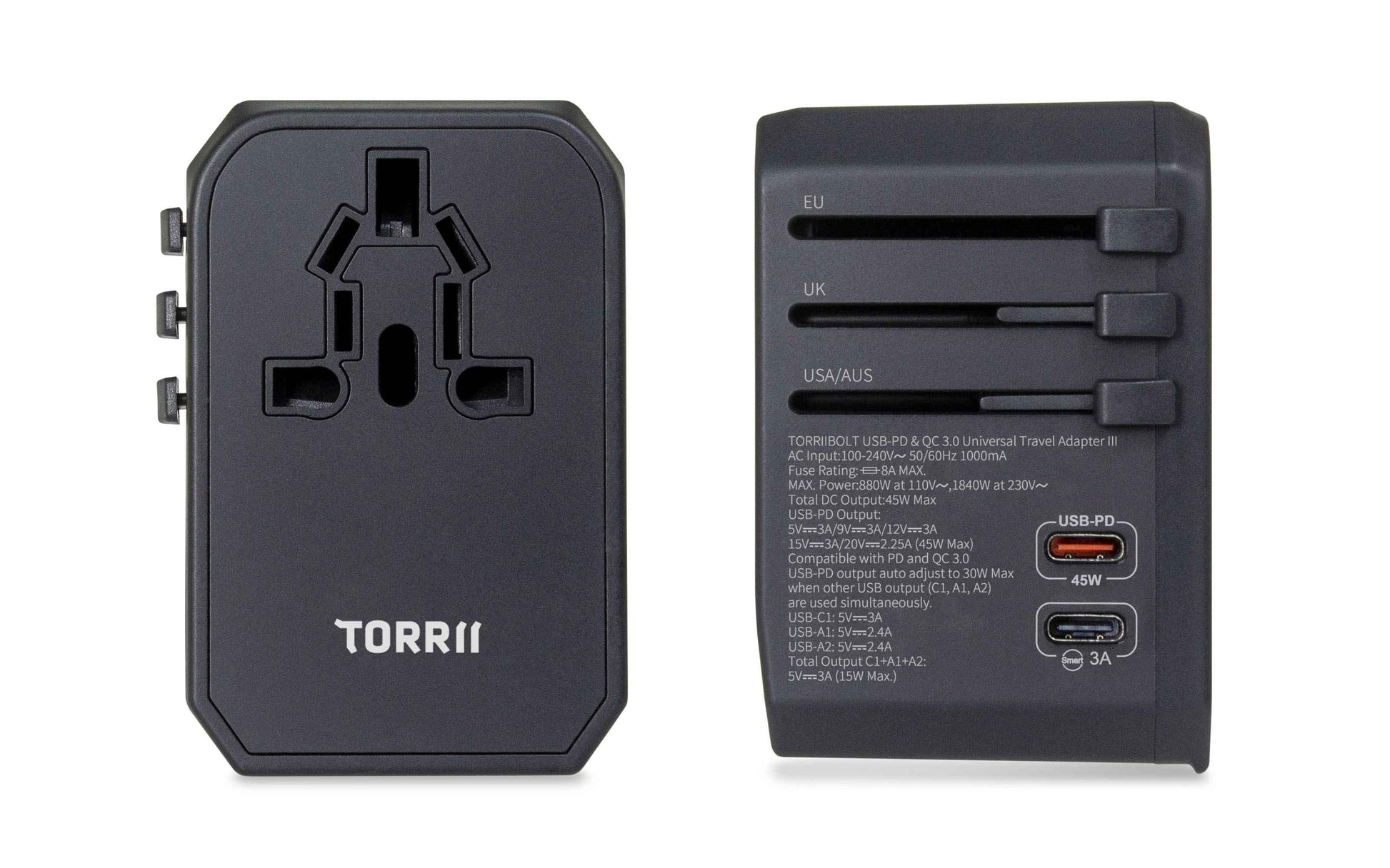 TorriiBolt 45W USB-PD & QC 3.0 Universal Travel Adapter III Black