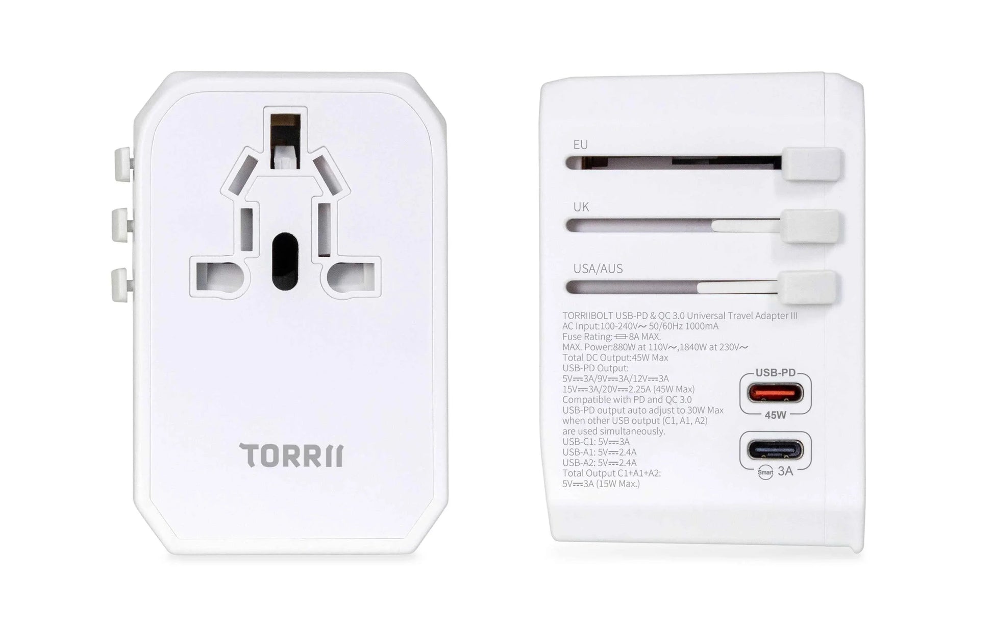 TorriiBolt 45W USB-PD & QC 3.0 Universal Travel Adapter III White