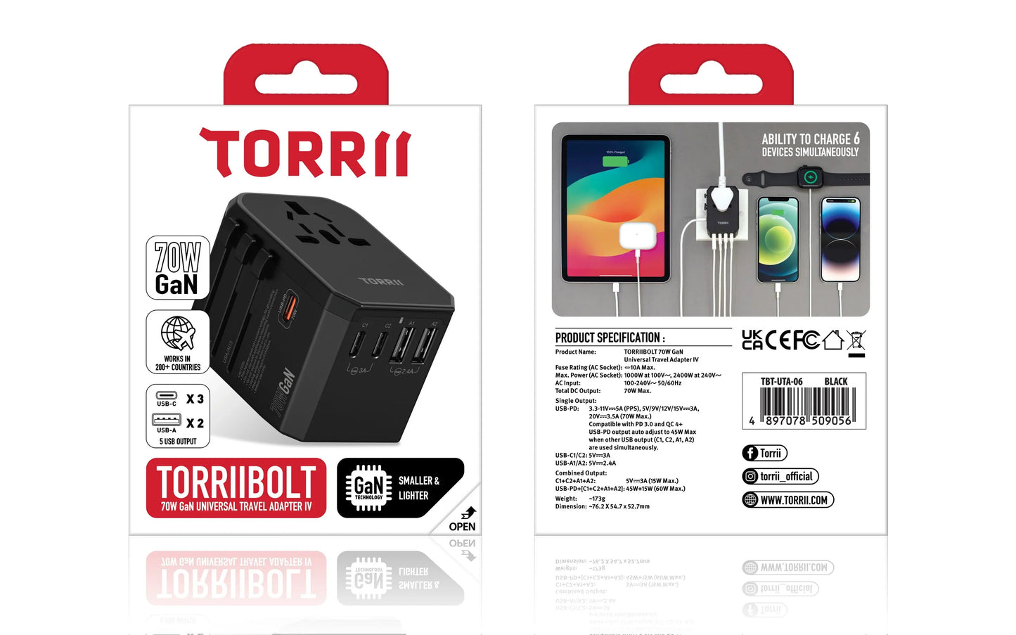 Torrii Bolt 70W GaN Universal Travel Adapter IV - Black
