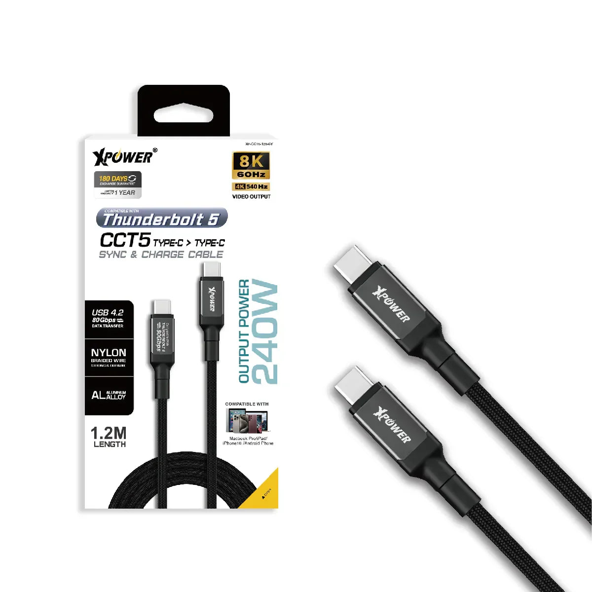 XPower 240W Thunderbolt Type-C to Type-C 1.2M Cable - Grey