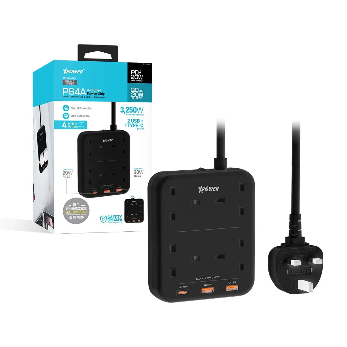 XPower 3250W Power Strip 7 Output (2 Usb + 1 Type-C + 4 Uk Sockets) - Black