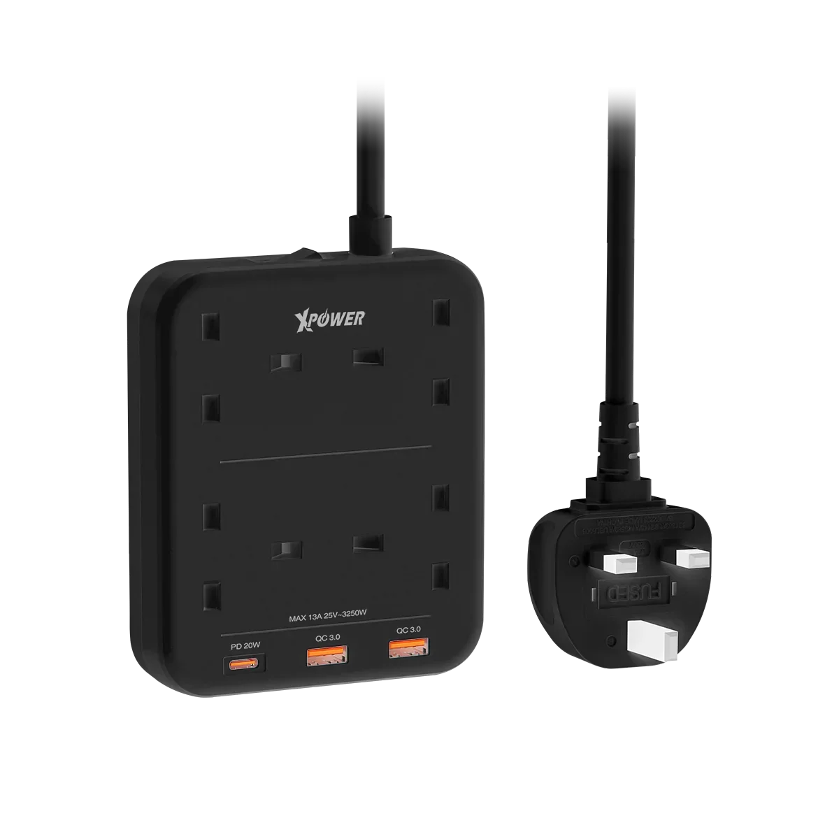 XPower 3250W Power Strip 7 Output (2 Usb + 1 Type-C + 4 Uk Sockets) - Black