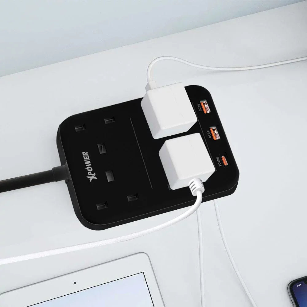 XPower 3250W Power Strip 7 Output (2 Usb + 1 Type-C + 4 Uk Sockets) - Black