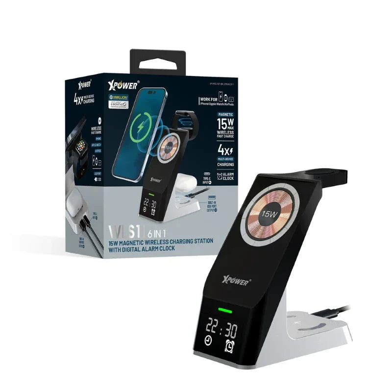 XPower 15W Magsafe Charging Station with Clock Display - Black