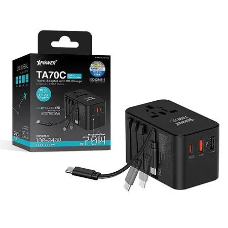 XPower 70W GaN Travel Adaptor Built-in Cable - Black