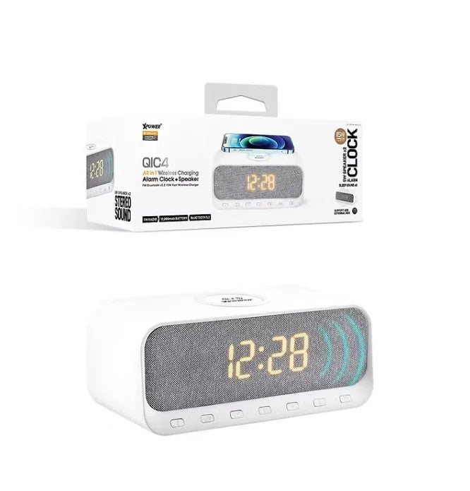 XPower QIC4 15W Wireless Charging + Bluetooth Speaker Alarm Clock - White