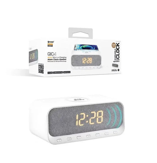 XPower QIC4 15W Wireless Charging + Bluetooth Speaker Alarm Clock - White