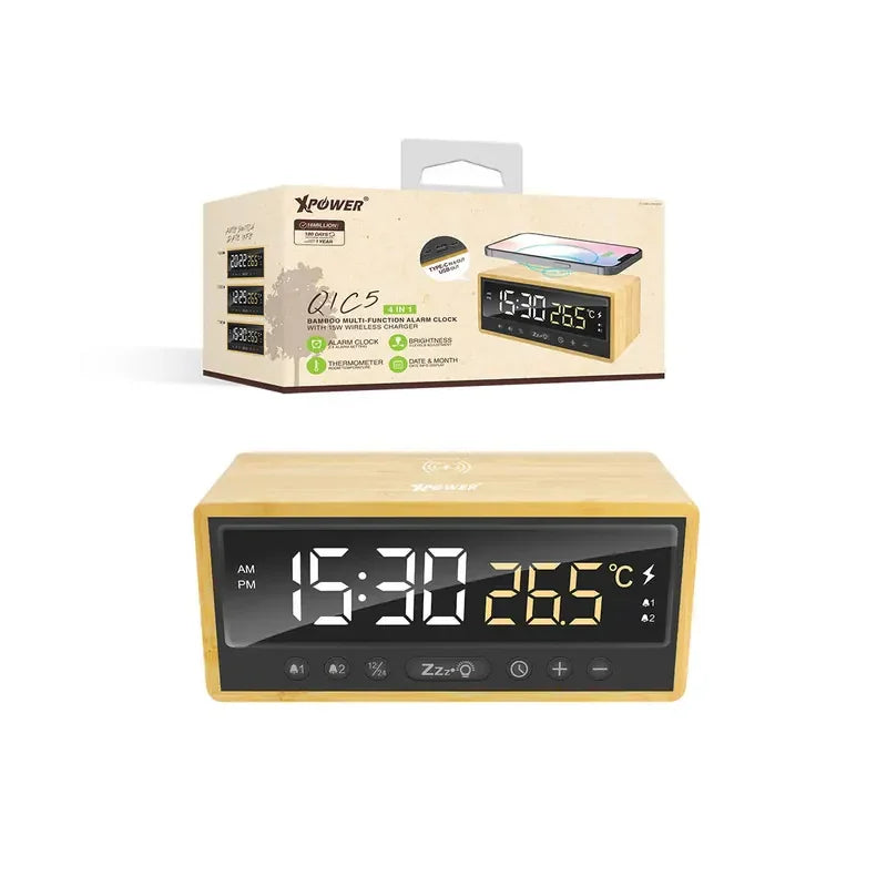 XPower QIC5 4 In 1 Bamboo Alarm Clock With 15W Wireless Charger - Brown
