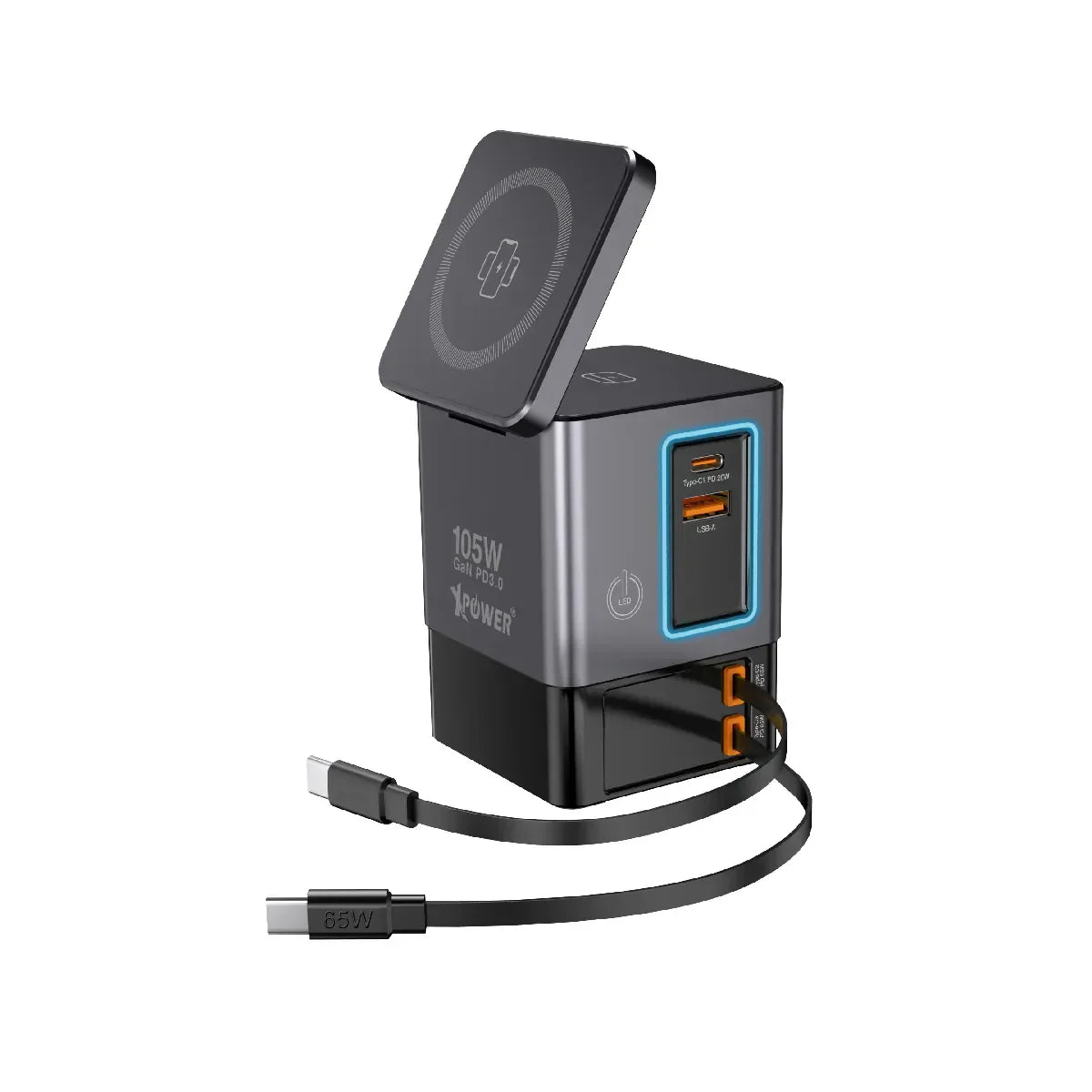 Xpower 105W Gan Magsafe Dual Cable Charging Tower - Grey